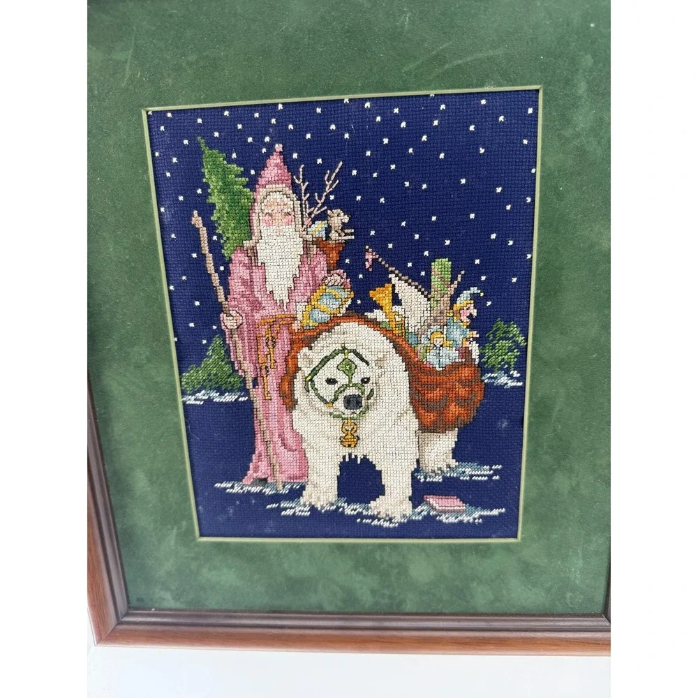 Vintage Santa Cross Stitch‎ Framed Needlepoint Folk Art Christmas Wall Decor